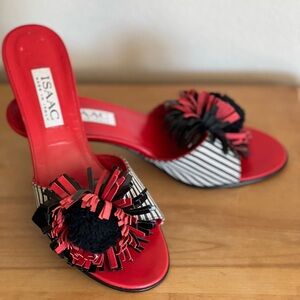 Isaac Mizrahi Red and Black Mules with Decorative Bow